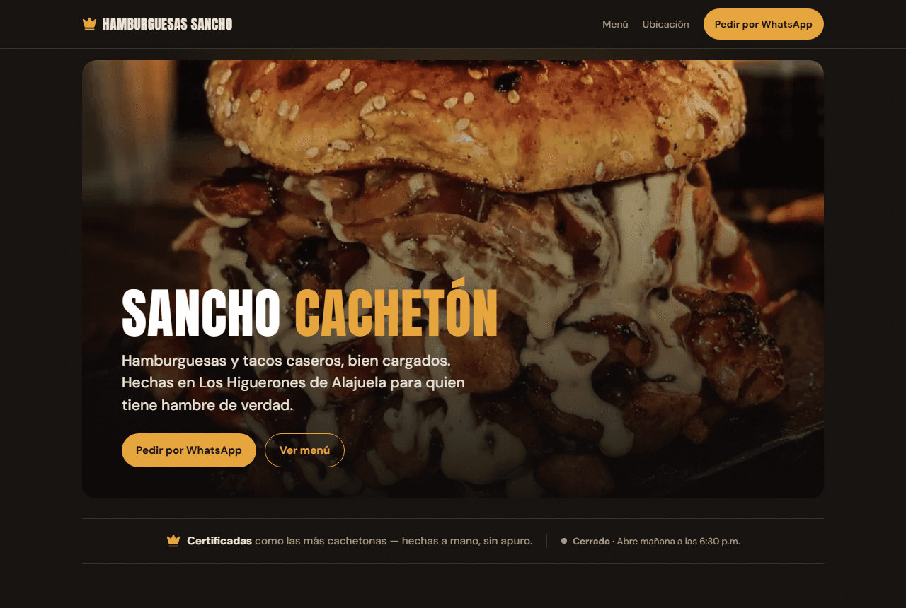 Portada oscura con una hamburguesa a pantalla completa, el titular "Sancho Cachetón" y el indicador de si está abierto.