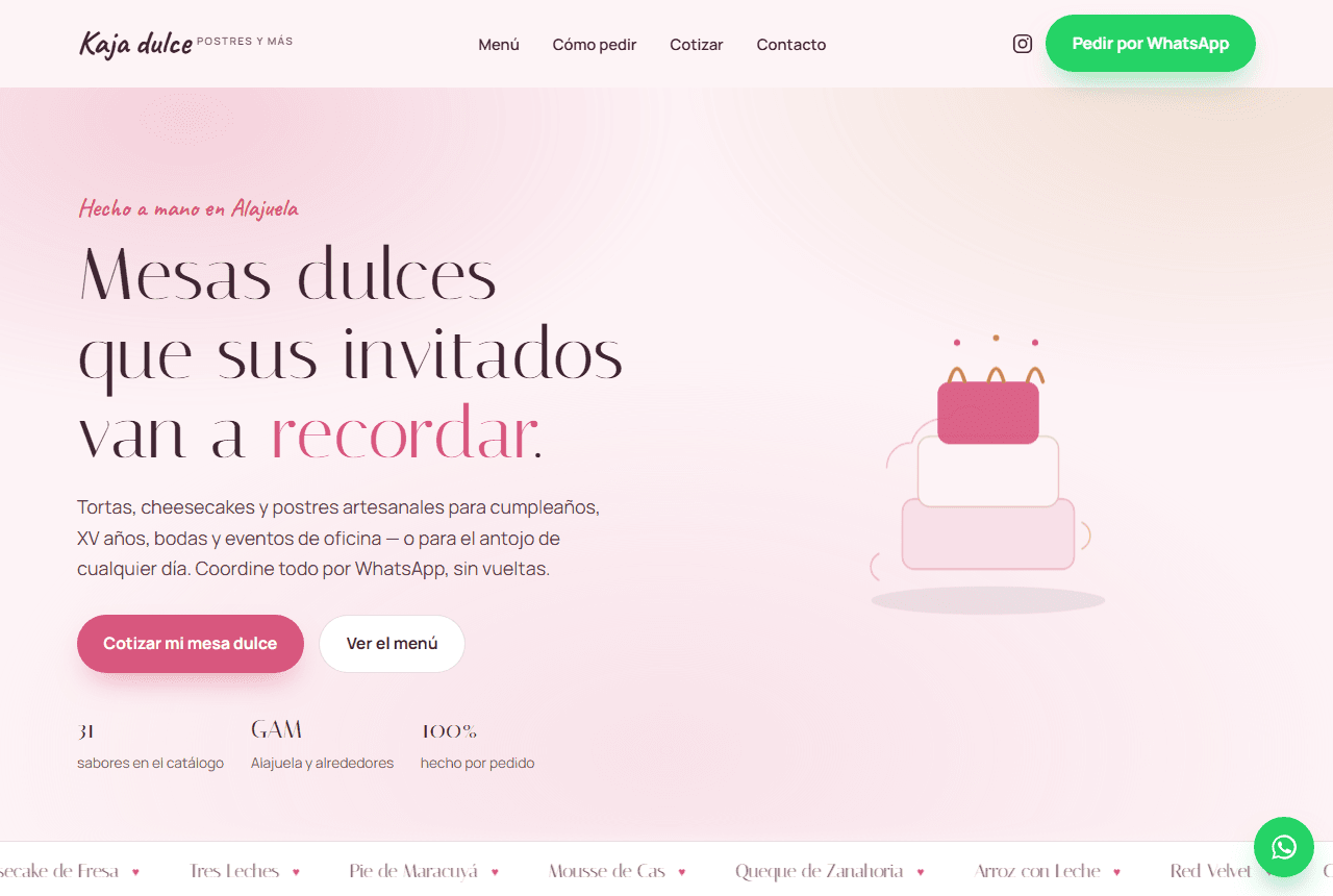 Portada en tonos rosados con una torta ilustrada, el titular "Mesas dulces que sus invitados van a recordar" y dos botones de acción.